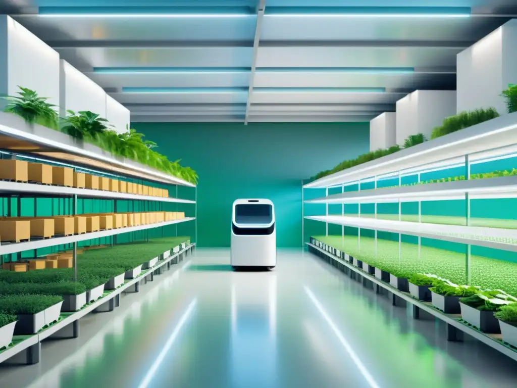 Un almacén de comercio electrónico futurista integrando IA para sostenibilidad, con robots autónomos y diseño ecoamigable