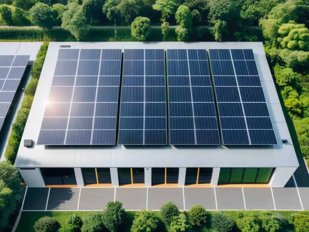 Un almacén ecoamigable con paneles solares, rodeado de vegetación y vehículos sostenibles estacionados afuera