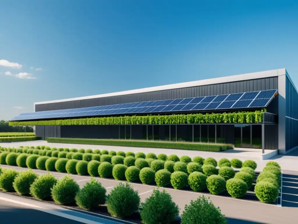 Un almacén ecológico moderno con paneles solares, rodeado de naturaleza exuberante y cielo azul