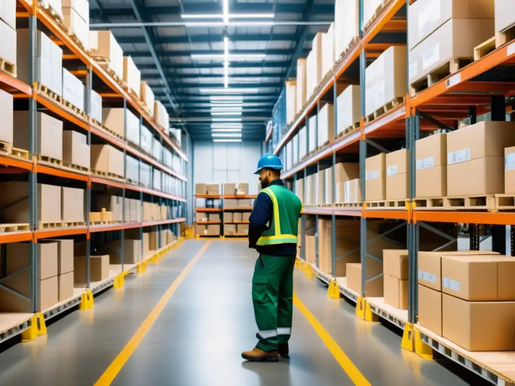 Un almacén ordenado con estanterías llenas de productos etiquetados y trabajadores eficientes