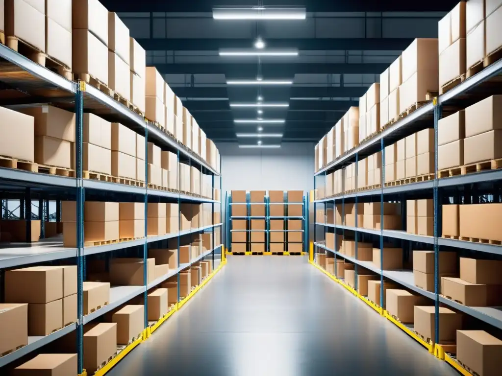 Un almacén bien organizado con estanterías ordenadas y cajas etiquetadas, iluminado por una suave luz