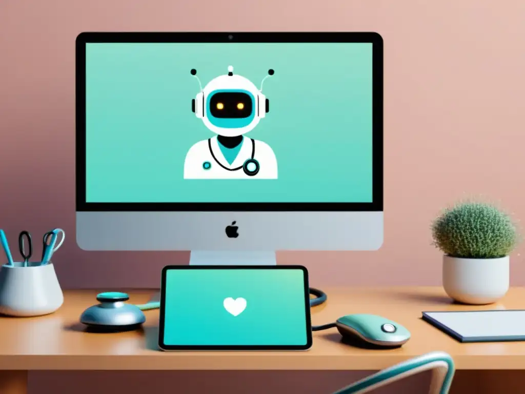 Un amigable chatbot de salud con estetoscopio, junto a una interfaz virtual