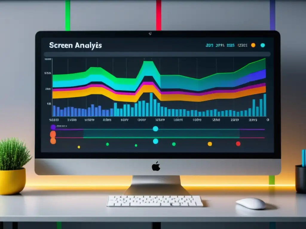 Visualización dinámica de análisis de sentimiento Big Data en pantalla de ordenador, rodeada de un espacio minimalista y profesional