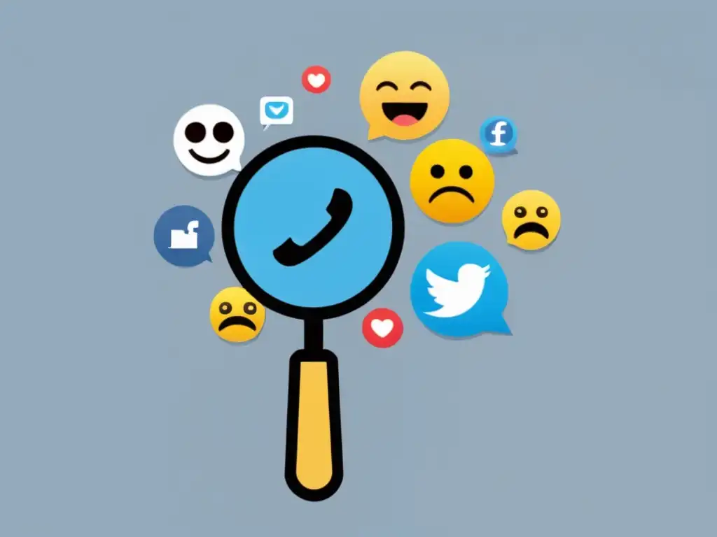 Análisis de Sentimiento en Reputación Online: Ilustración minimalista de lupa sobre pantalla con iconos de redes sociales y emoticones