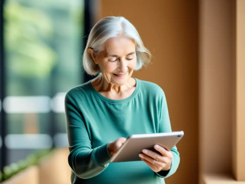 Un anciano navega con confianza en una tablet en un entorno luminoso, transmitiendo inclusión financiera en la tercera edad