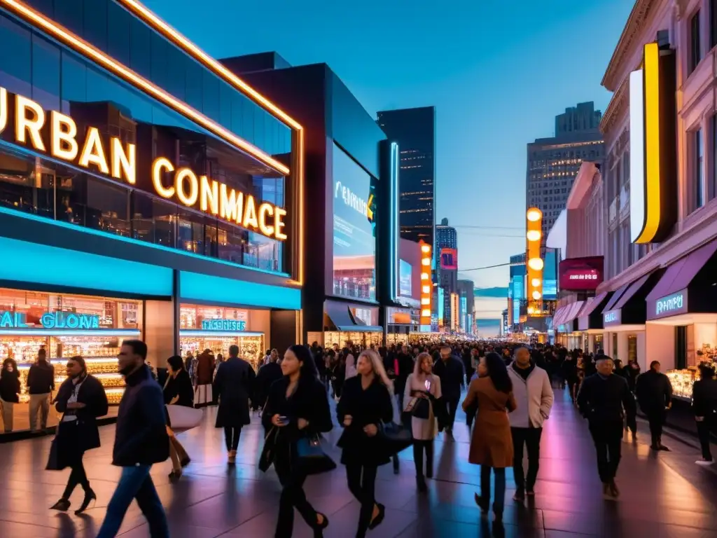 Una animada calle de la ciudad de noche, iluminada por letreros de neón y ventanas de tiendas, con multitudes de personas paseando y comprando