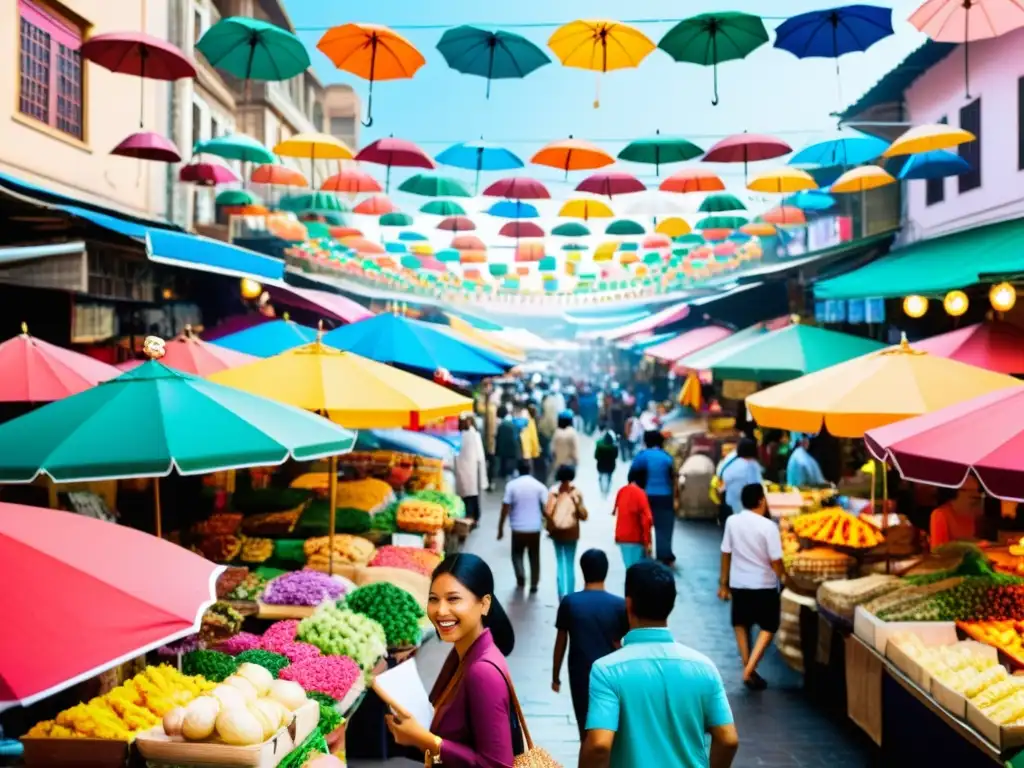 Un animado mercado en una bulliciosa ciudad, con vendedores bajo coloridos paraguas vendiendo una variedad de productos