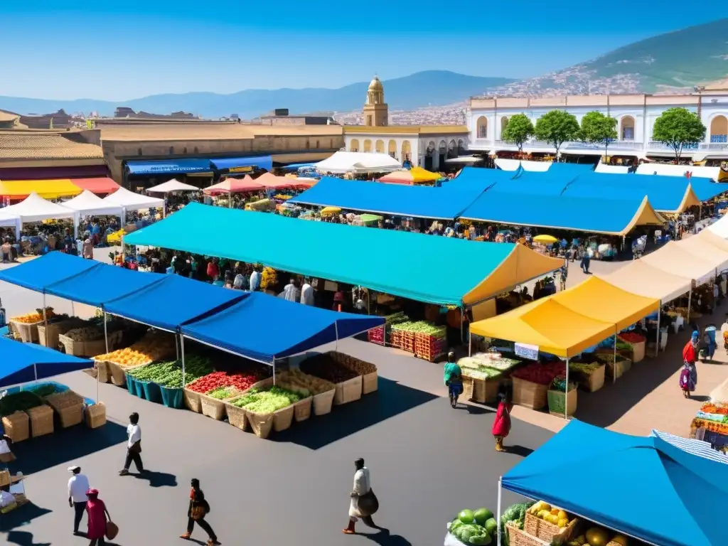 Un animado mercado con una diversidad de vendedores ofreciendo productos, bajo un cielo azul brillante