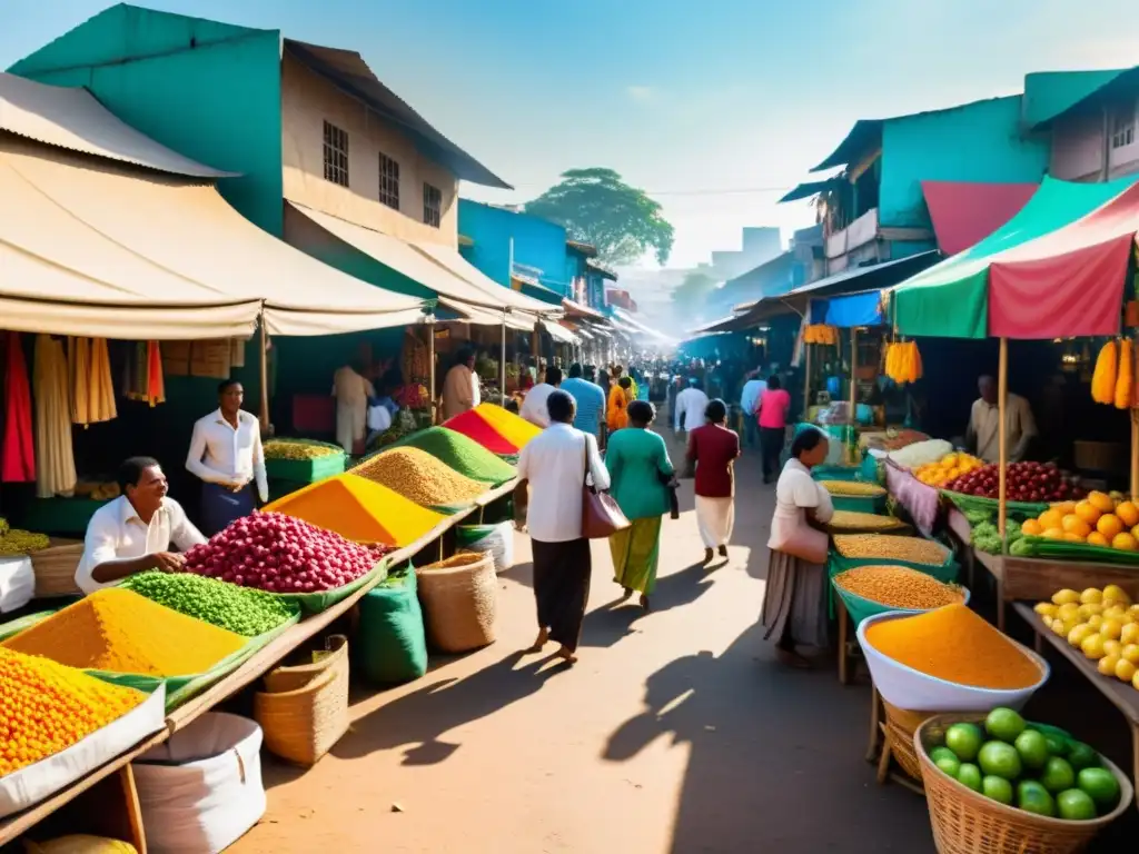 Un animado mercado emergente con coloridos puestos y compradores curiosos