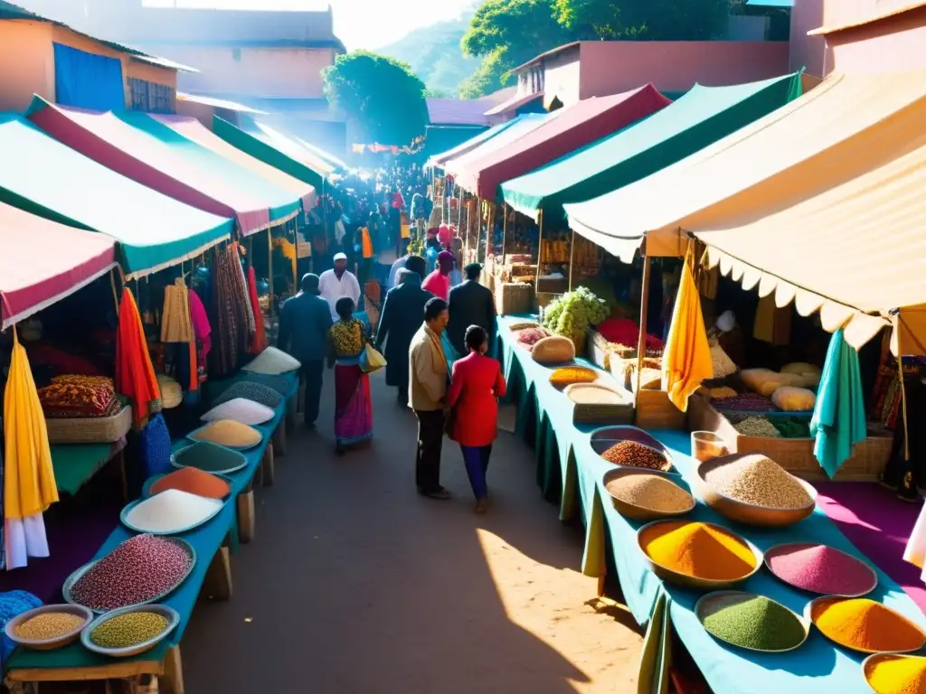 Un animado mercado emergente, lleno de colores, gente y productos