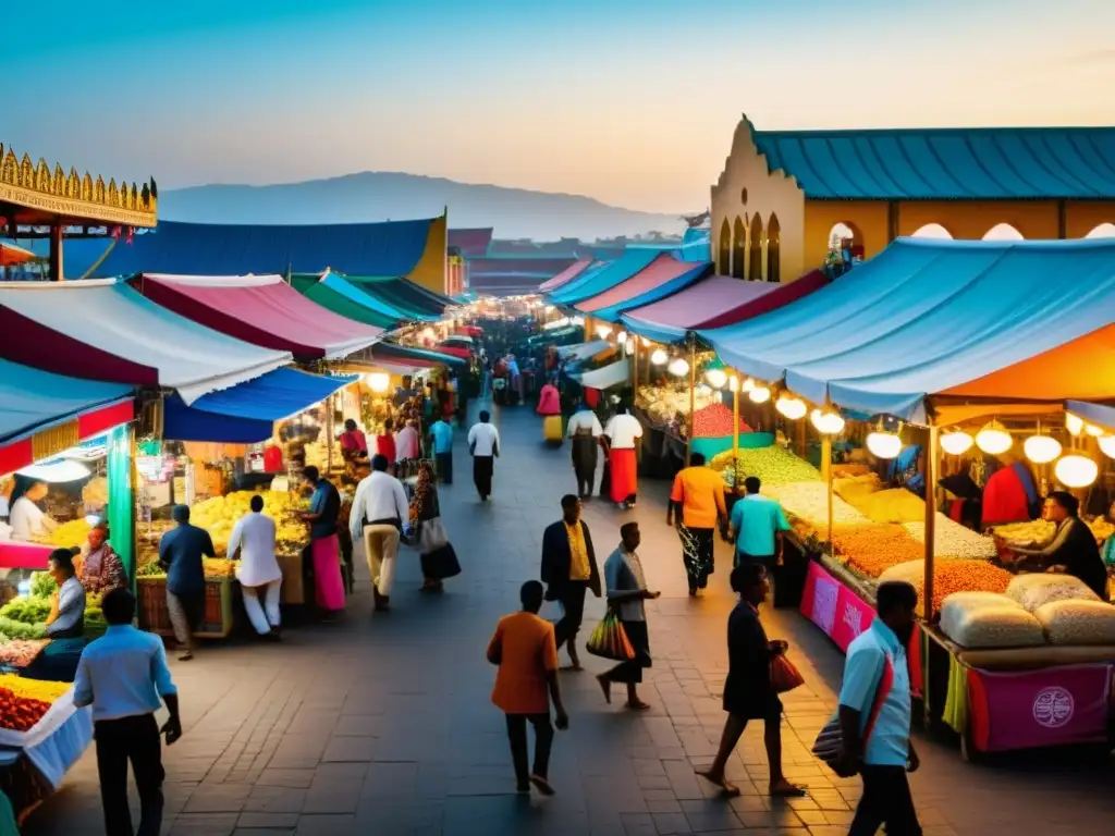 Animado mercado urbano en desarrollo, con vendedores y compradores