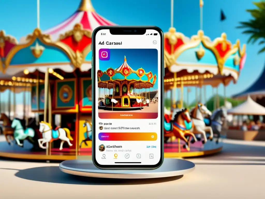 Optimización anuncios carrousel Instagram: Smartphone muestra un atractivo anuncio en Instagram con imágenes deslumbrantes y diseño moderno