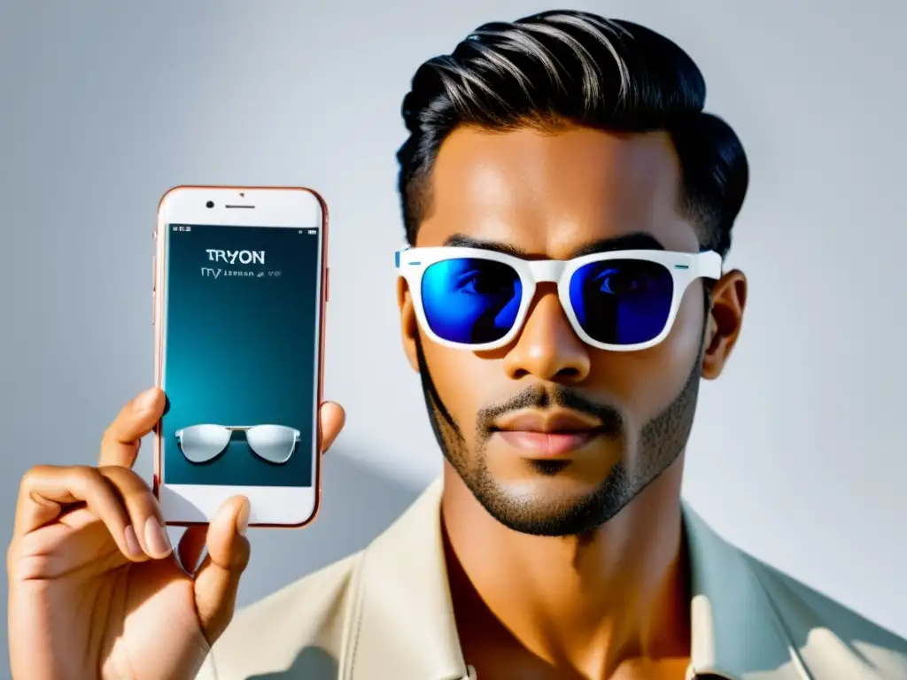 Adopción de AR en Ecommerce: Smartphone muestra probador virtual de gafas, integrando AR para una experiencia de compra inmersiva y moderna