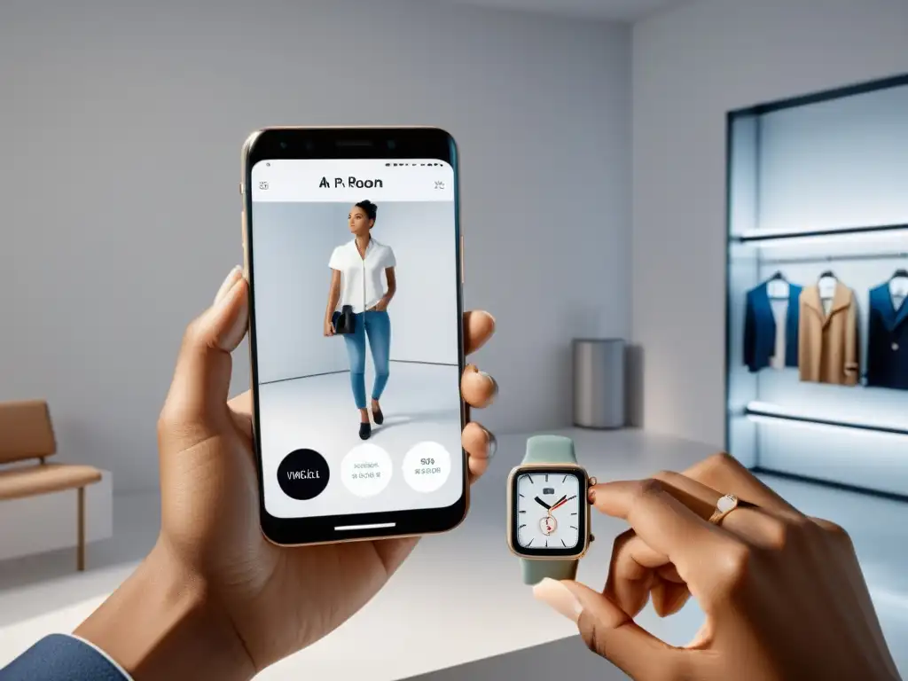 Adopción de AR en Ecommerce: Smartphone moderno muestra probador virtual con prendas realistas y experiencia de compra inmersiva