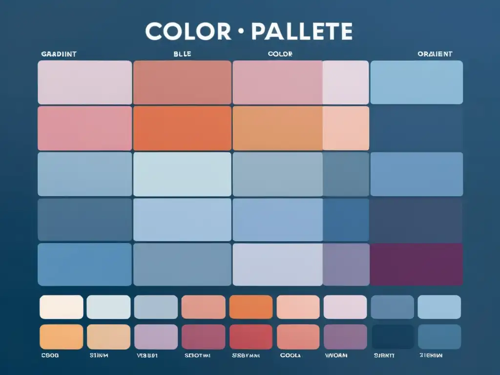 Un armonioso degradado de colores, desde azules fríos hasta cálidos naranjas y rosas, con etiquetas de nombre y código hex