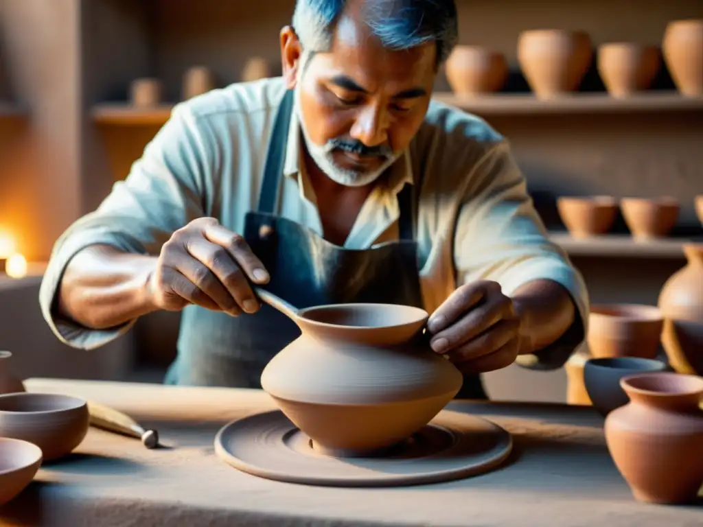 Artesano trabajando en cerámica con herramientas tradicionales, preservación artesanías tradicionales venta online