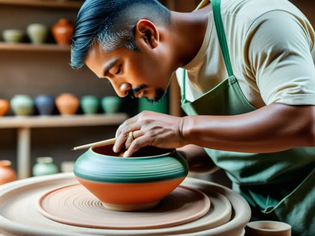 Un artesano crea con cuidado una colorida y detallada pieza de cerámica, resaltando la preservación artesanal y cultural