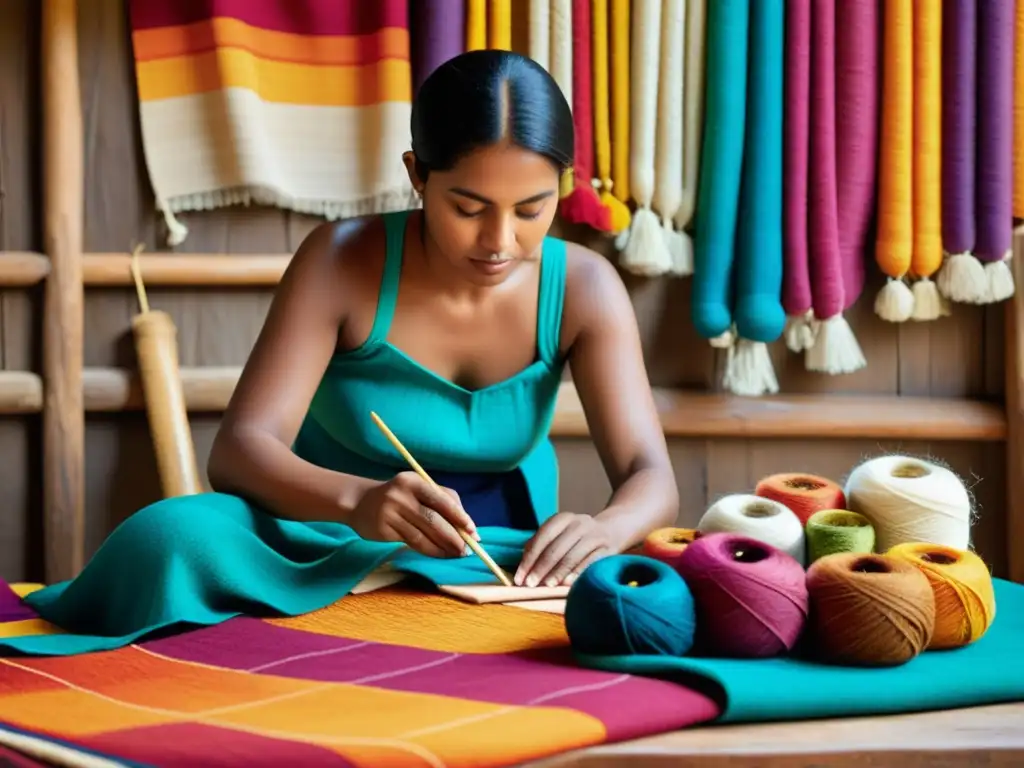 Un artesano tradicional tejiendo una colorida tela con meticulosidad, iluminado por la suave luz natural