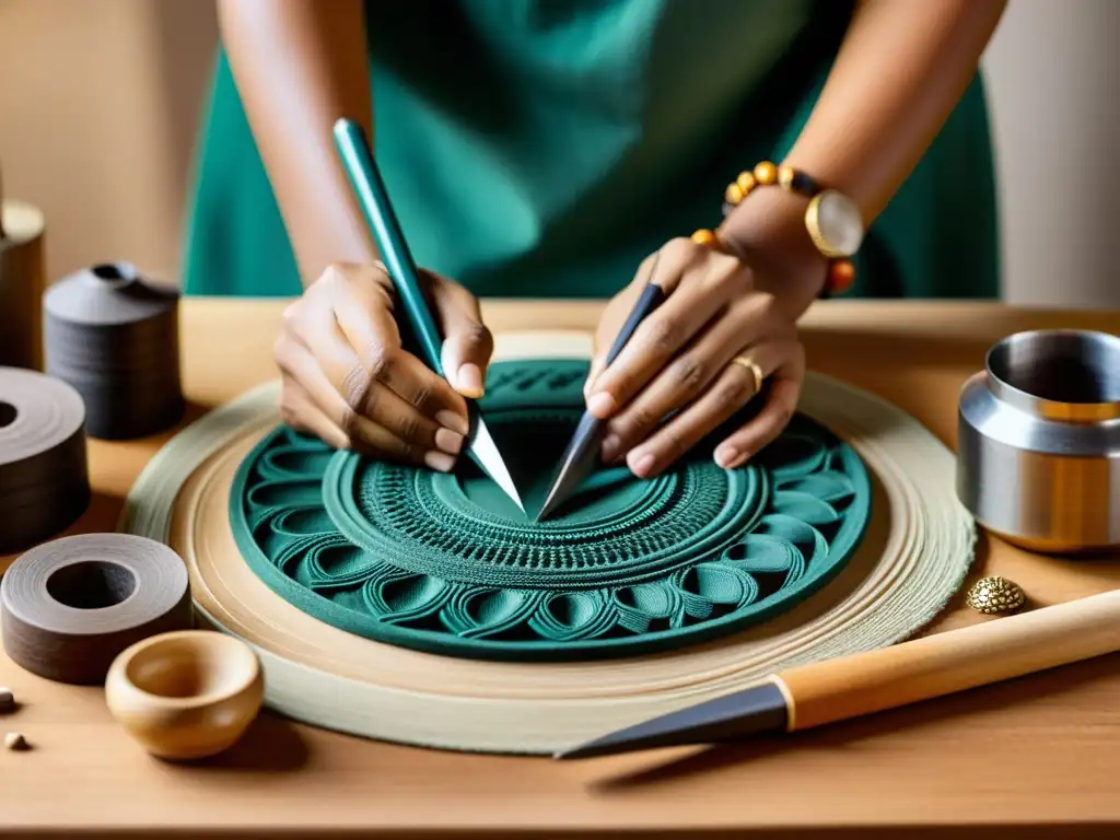 Un artesano tradicional moldea con destreza una delicada obra de arte cultural, rodeado de herramientas