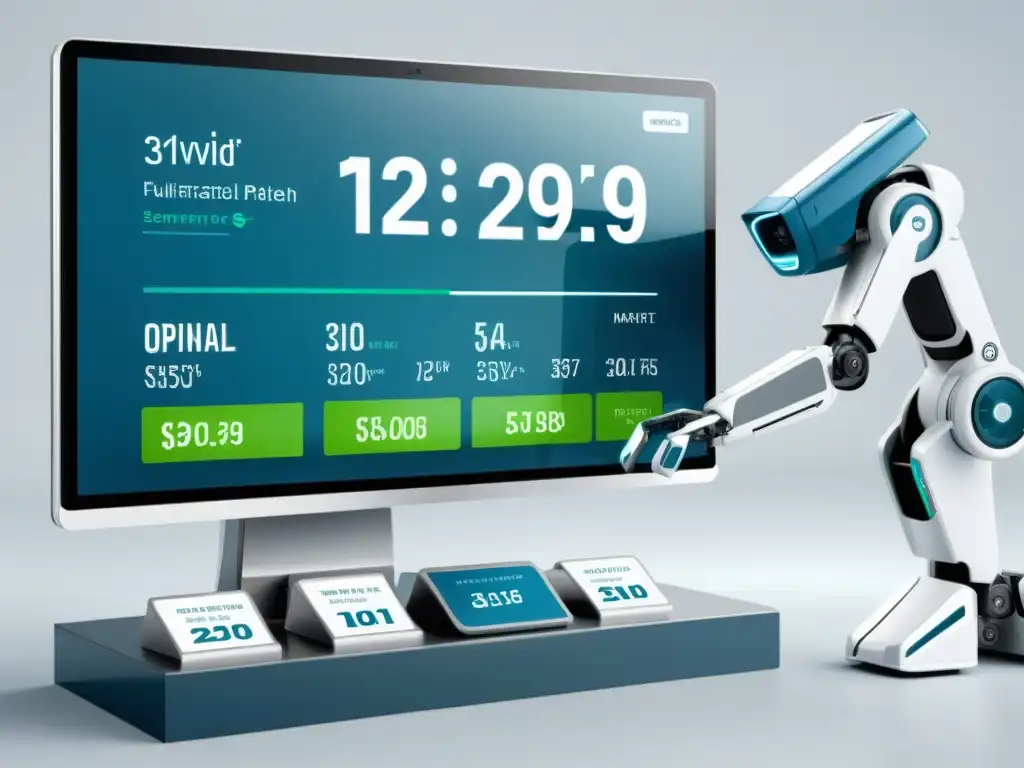 Robótica automatizada ajusta precios en comercio electrónico, con interfaz digital futurista