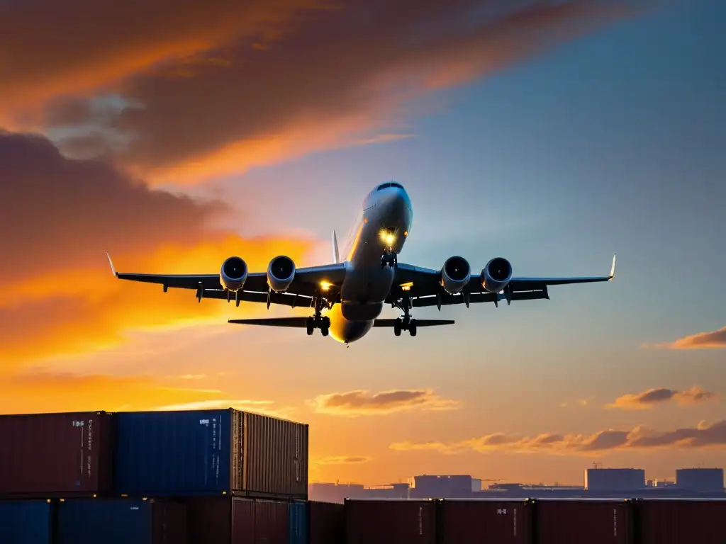 Un avión de carga surca el cielo al atardecer, resaltando la importancia del transporte aéreo para la conectividad global