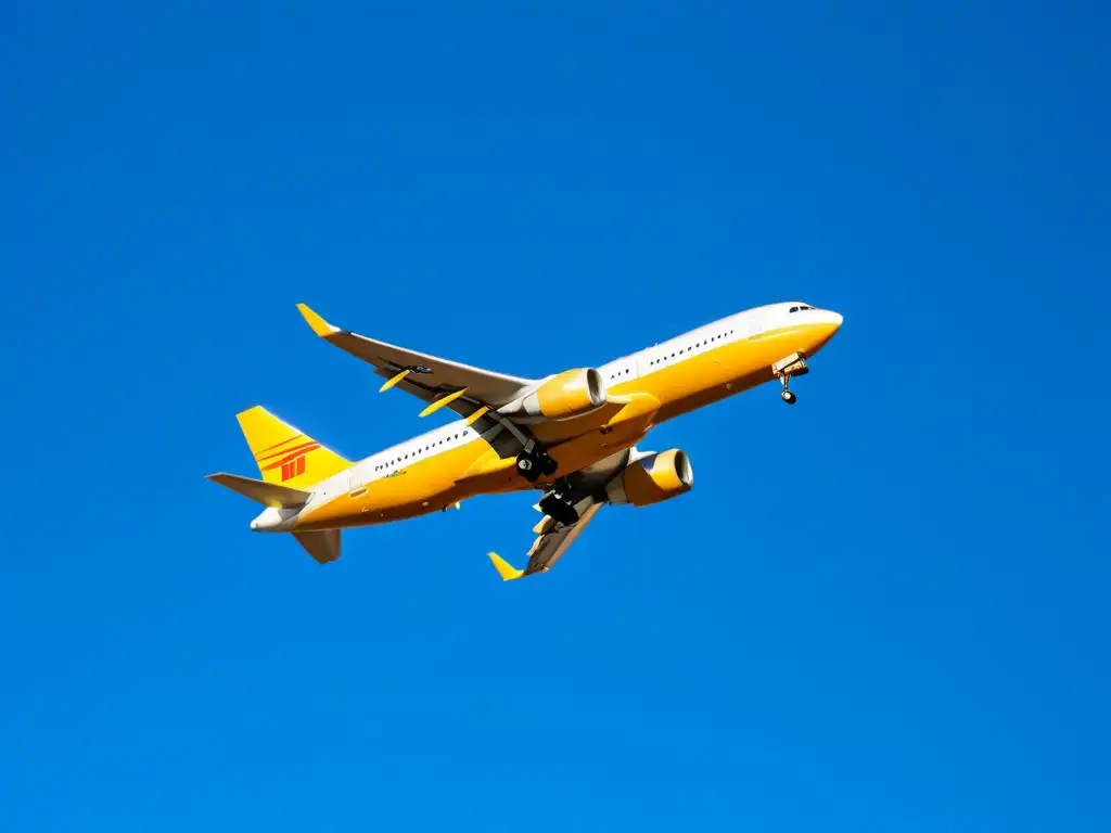 Un avión de carga moderno surca el cielo azul, con el sol iluminando su exterior metálico