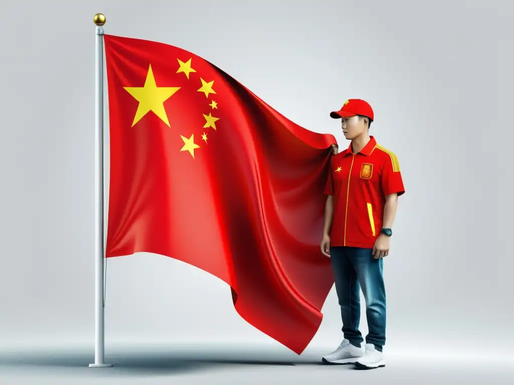 La bandera china minimalista con elementos digitales y símbolos de comercio electrónico transmite el impacto de la Ley de Economía Digital China