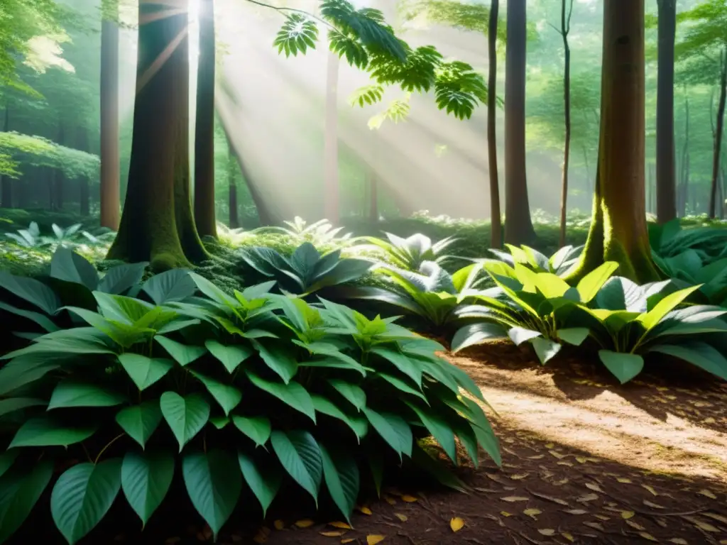 Un bosque exuberante bañado por la luz del sol, con detalles naturales y una atmósfera serena