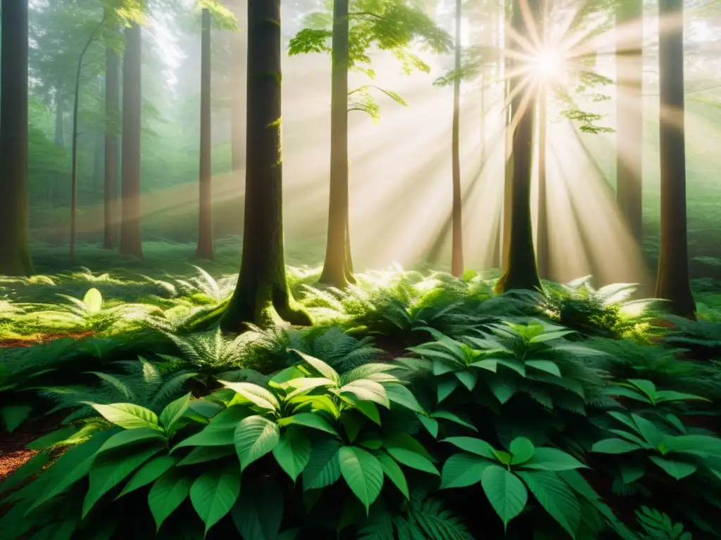 Un bosque exuberante con luz solar filtrándose entre las hojas, creando sombras moteadas