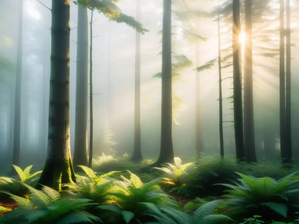 Un bosque sereno y exuberante bañado por la cálida luz del amanecer