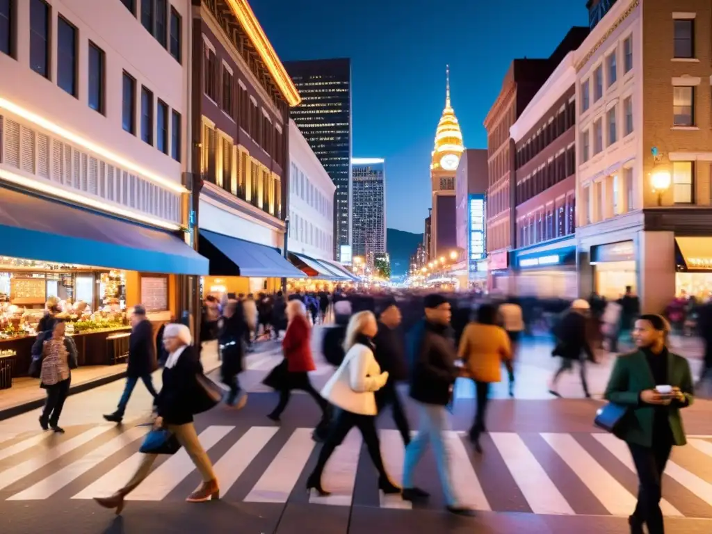 Una bulliciosa calle de la ciudad de noche, con luces de coches y rascacielos iluminados creando un ambiente cálido