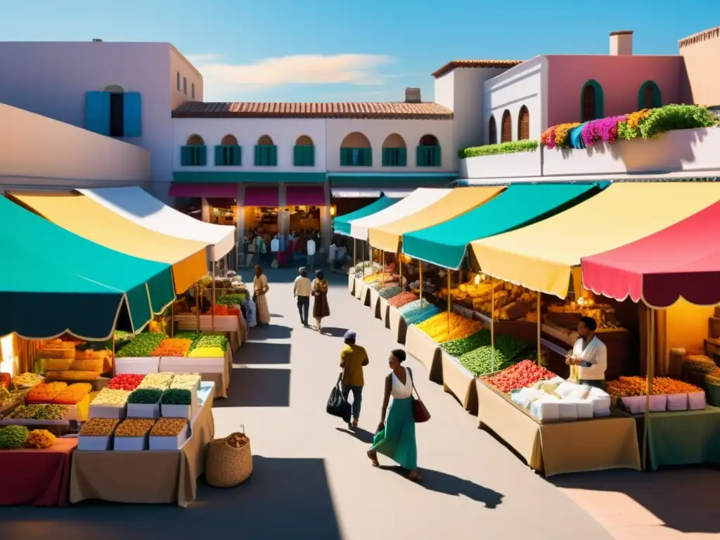 Un bullicioso mercado emergente con vendedores bajo toldos coloridos, clientes curioseando y arquitectura única