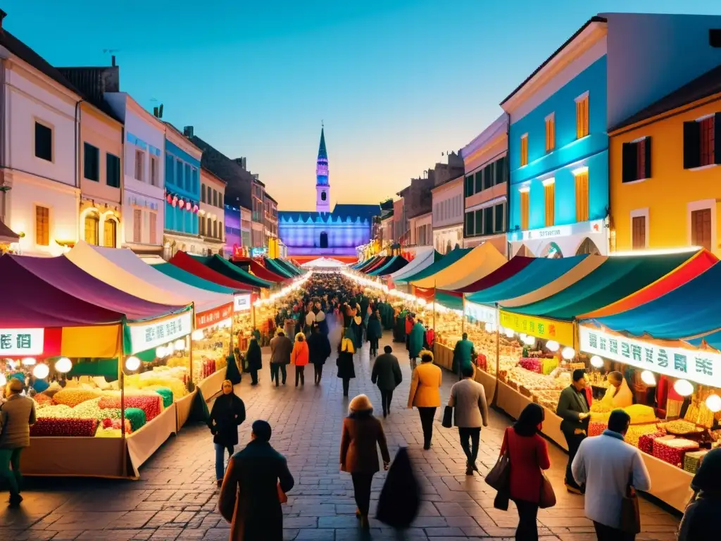 Un bullicioso mercado festivo con coloridos puestos y compradores interactuando, reflejando la influencia de festivales en el comercio electrónico