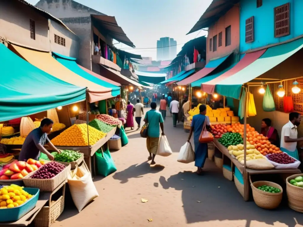 Un bullicioso mercado en un país en desarrollo, con vendedores en puestos coloridos y una arquitectura vibrante