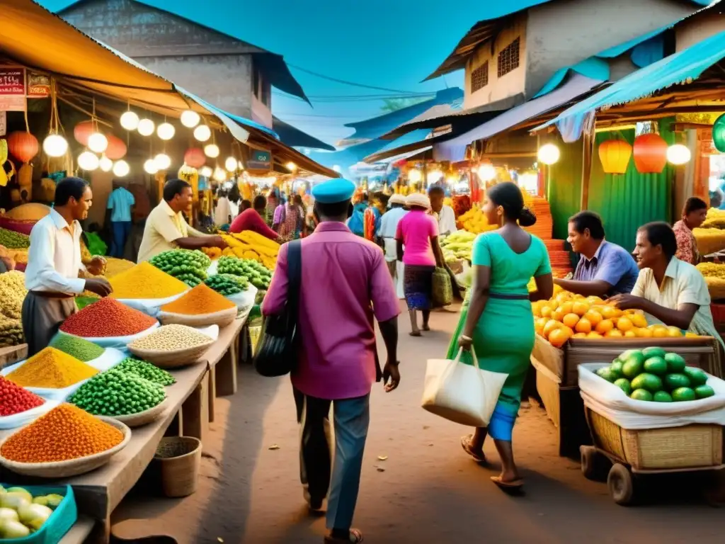 Un bullicioso mercado en un país en desarrollo, con colores vibrantes y una variedad de productos en exhibición