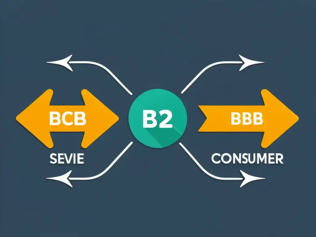 Dos cadenas de suministro paralelas representando B2B y B2C, con flechas y símbolos modernos