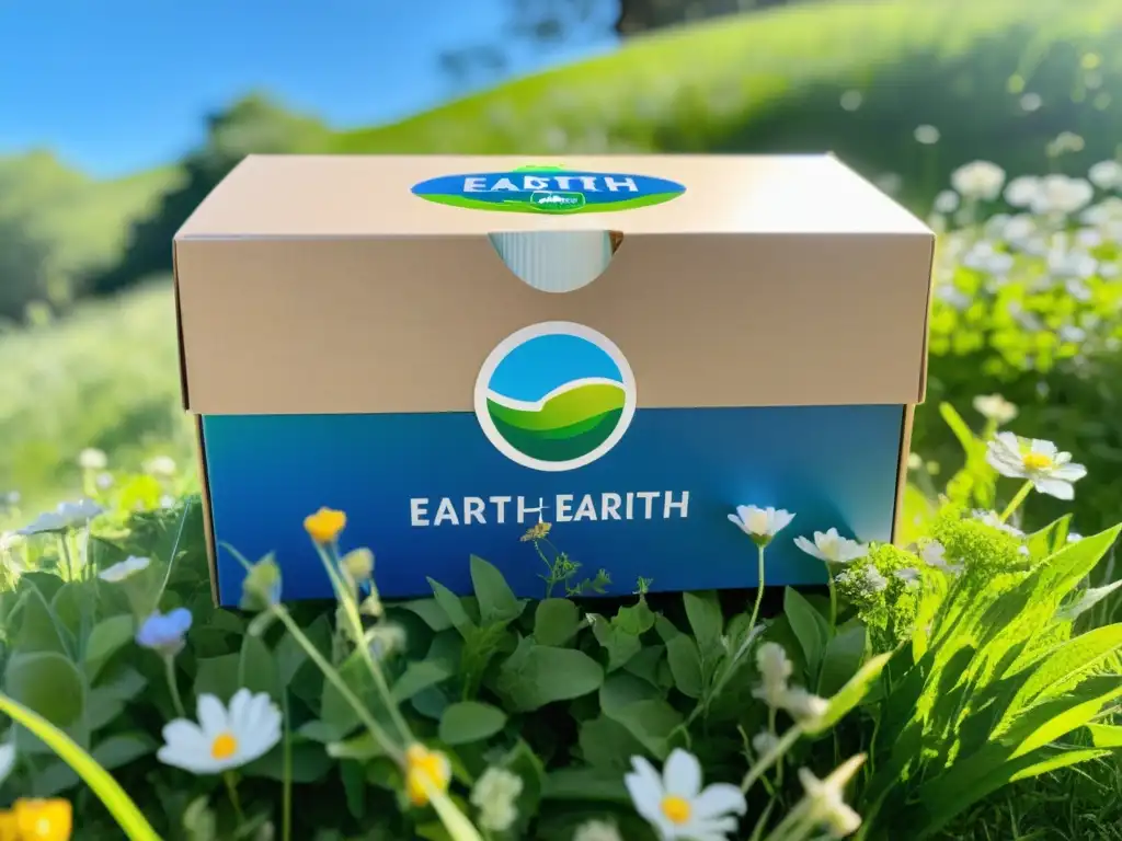 Una caja de envío ecológica con el logotipo de la Tierra, rodeada de naturaleza