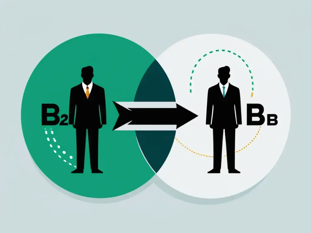 Dos caminos entrelazados representan las diferencias entre B2B y B2C, con elementos visuales que reflejan sus características únicas y compartidas