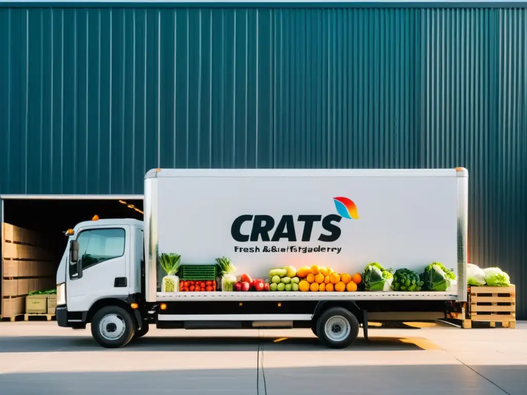 Un camión refrigerado moderno frente a un almacén, con cajas de productos frescos apiladas, iluminadas por la suave luz de la mañana