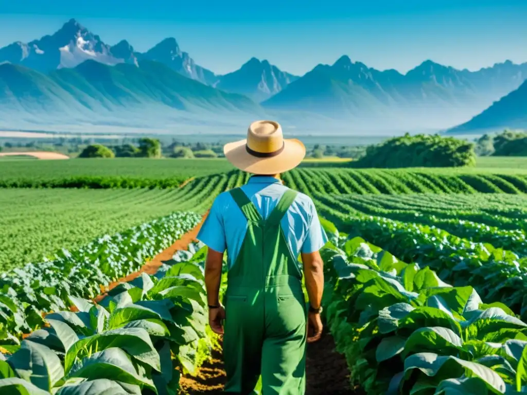 Un campo de cultivos exuberante y vibrante se extiende hasta el horizonte bajo un cielo azul claro