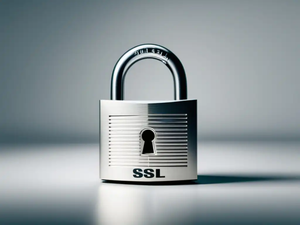 Un candado con las letras 'SSL' grabadas, simbolizando la importancia del cifrado SSL para la seguridad online en un fondo blanco limpio