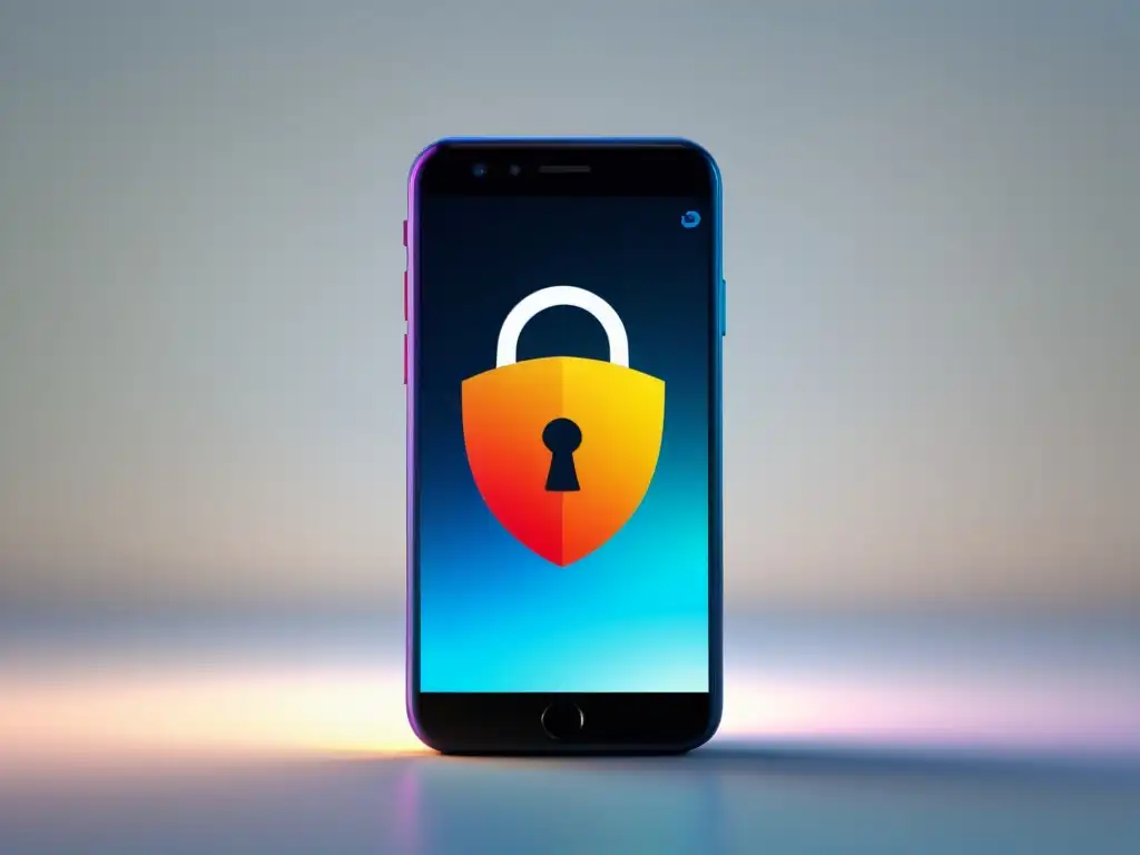 Un candado seguro y encriptado flota sobre la pantalla de un smartphone, reflejando colores vibrantes