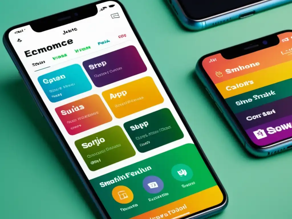 Captura detallada de una interfaz de app de ecommerce personalizada para dispositivos móviles, con colores vibrantes y diseño intuitivo