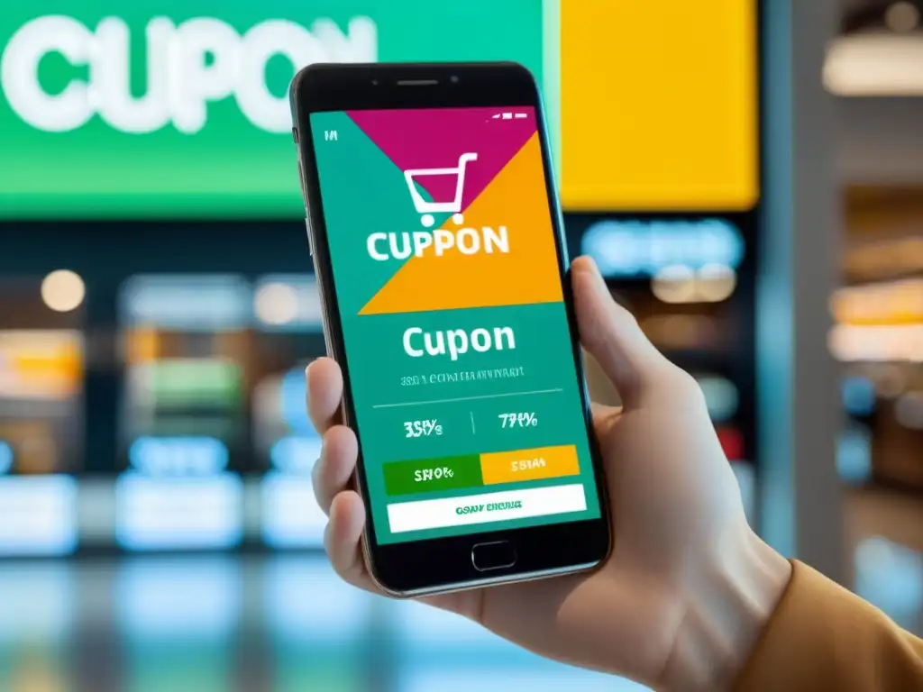 Captura de pantalla de app de cupones para ecommerce con ofertas llamativas en un fondo moderno y profesional