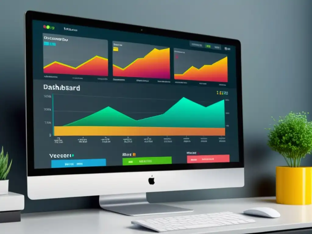 Captura de pantalla de un elegante panel de control de comercio electrónico con gráficos dinámicos y colores vibrantes, mostrando la optimización multicanal en ecommerce en tiempo real