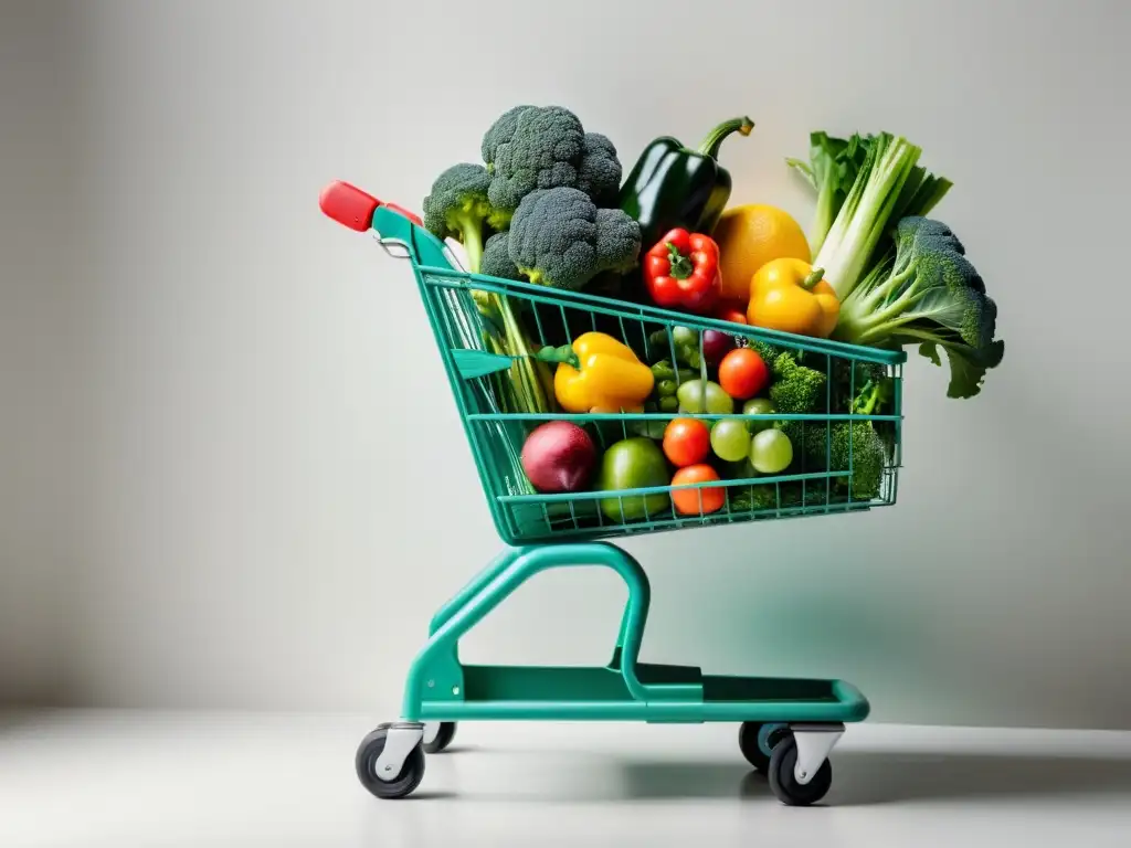 Carrito de la compra lleno de productos frescos y despensa, capturando la variedad y abundancia para compras online