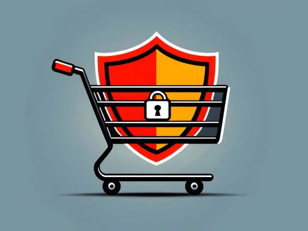 Carrito de compra online seguro con escudo y candado, simbolizando sistemas automatizados de seguridad en Ecommerce