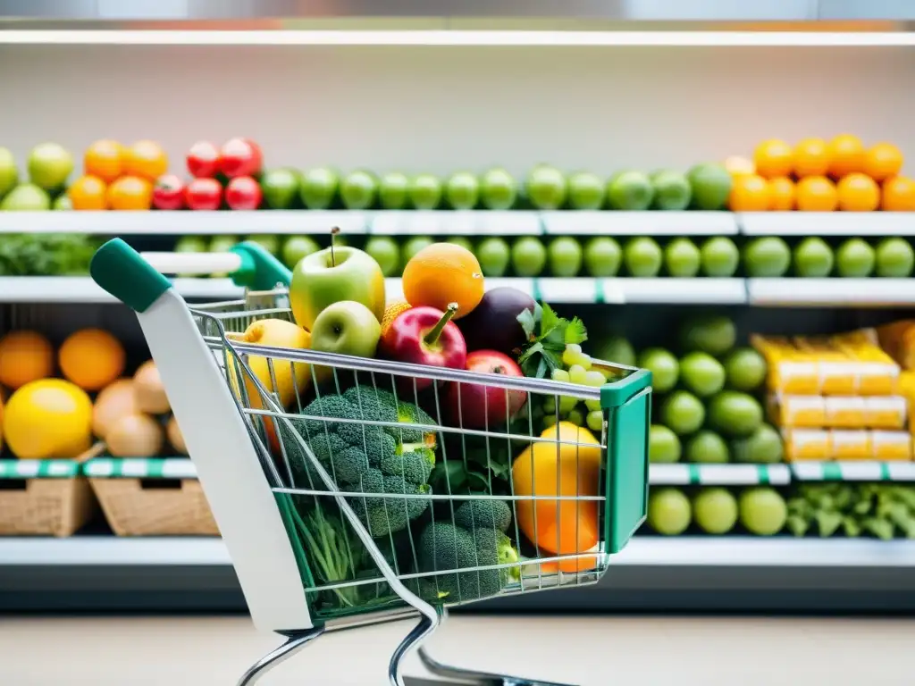 Un carrito de compras en una tienda de comestibles con alimentos variados organizados, transmitiendo estrategias de ahorro en compras online