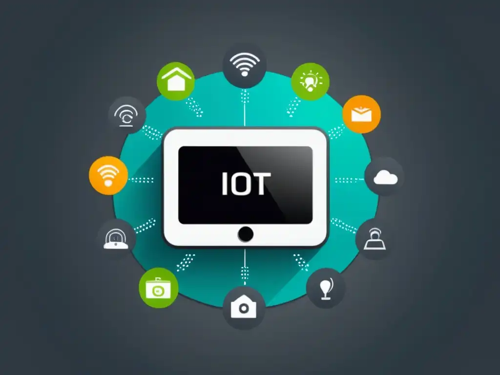 Una casa moderna con dispositivos IoT integrados, como altavoces inteligentes, termostatos y sistemas de seguridad