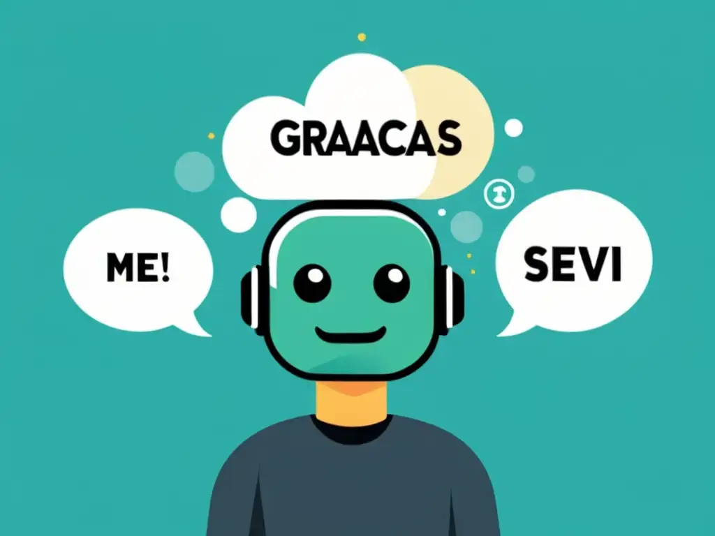 Un chatbot con expresión serena rodeado de burbujas de diálogo positivas en varios idiomas